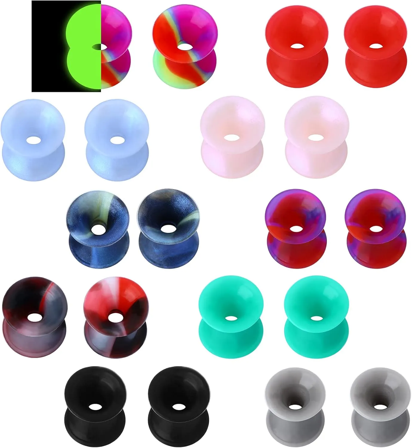 Cocharm 20 PCS Thin Silicone Ear Gauges - Flexible Double Flared Tunnel Ear Plugs
