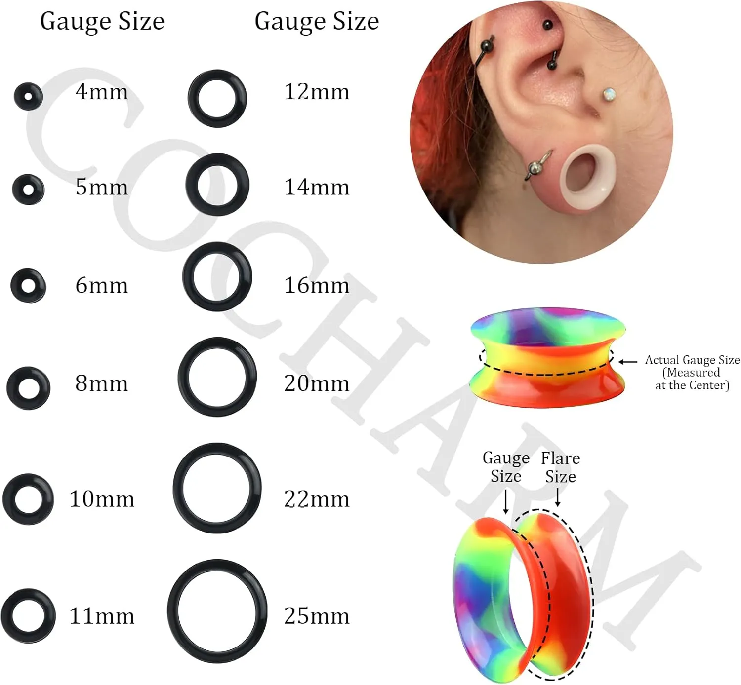 Cocharm 20 PCS Thin Silicone Ear Gauges - Flexible Double Flared Tunnel Ear Plugs