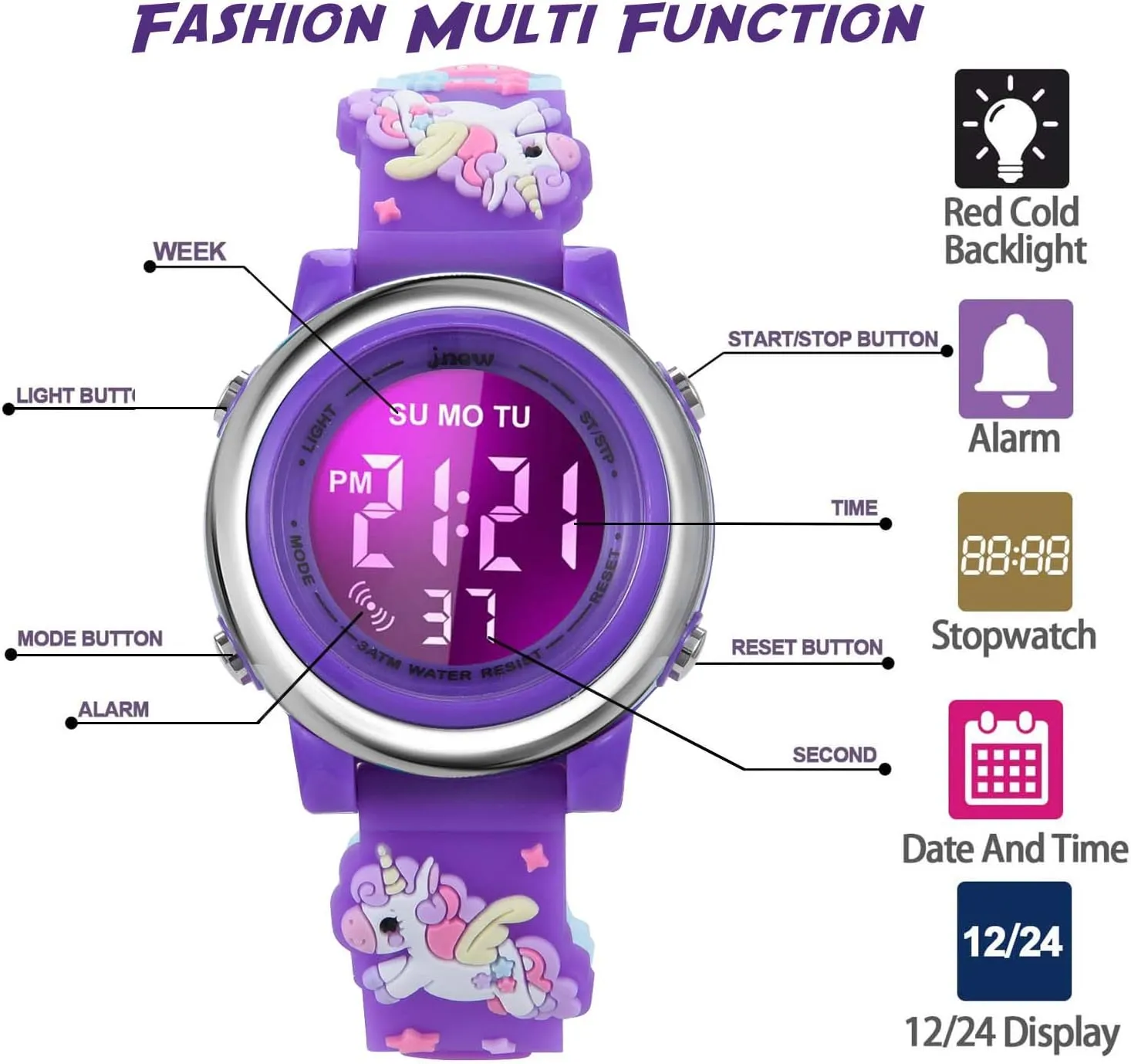 cofuo Girls Digital Watch Age 3-12 for Gifts, 3D Cartoon Waterproof Sports Outdoor LED Electrical Watches with Luminous Alarm Stopwatch Toddler Wristwatch