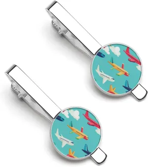 Colorful Airplane Flying 1 Pair Tie Clips Necktie Bar Pinch Clip for Wedding Business