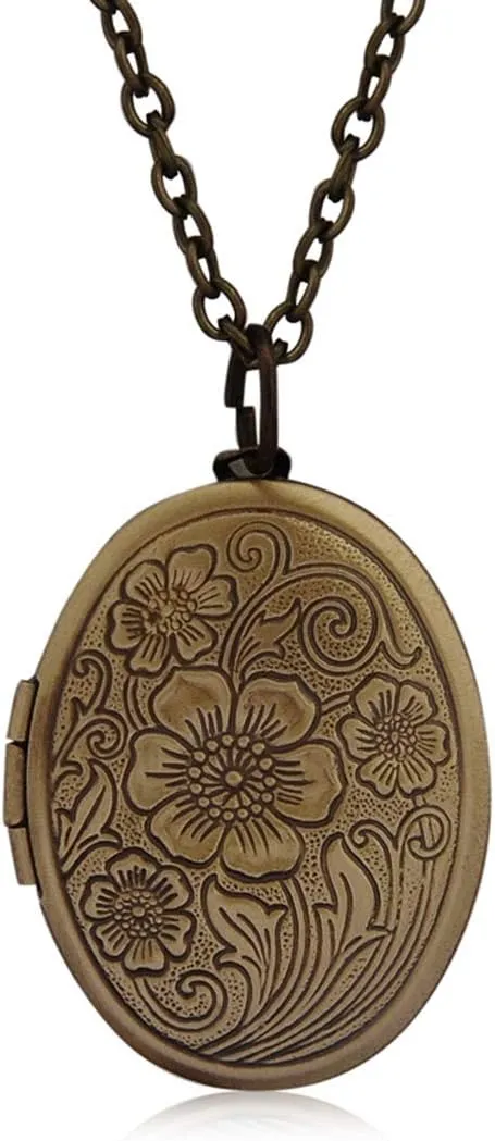 COLORFUL BLING 14k Gold Silver Women Romantic Heart Locket Necklace Engraved Flower Oval Hold Photo Picture Pendant Living Memory Jewelry