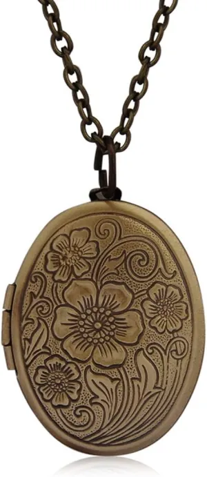 COLORFUL BLING 14k Gold Silver Women Romantic Heart Locket Necklace Engraved Flower Oval Hold Photo Picture Pendant Living Memory Jewelry