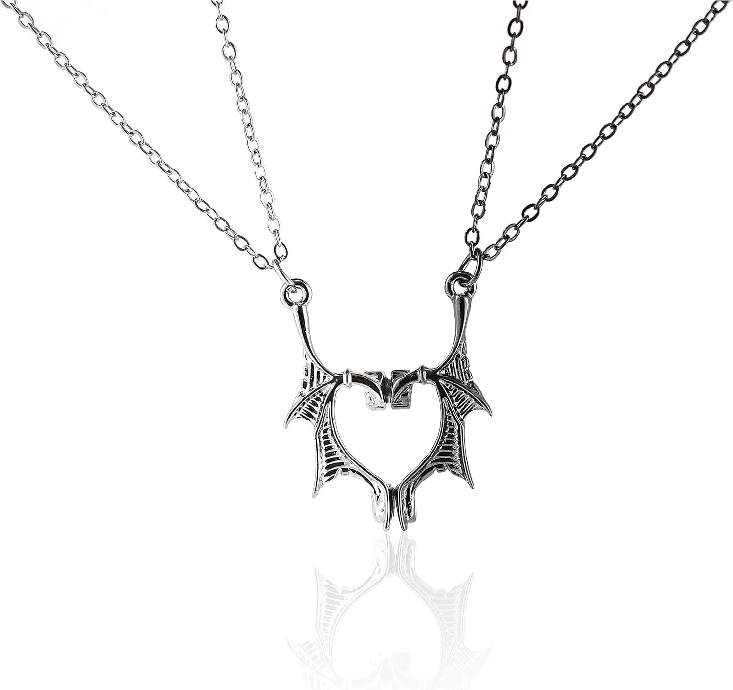COLORFUL BLING 2pcs Gothic Matching Love Heart Pendant Necklaces Set Dragon Bat Wing Choker Friendship Lovers Couples for Women Men Cool BFF Jewelry