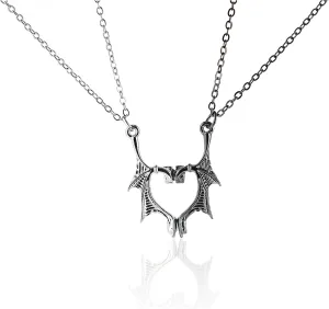 COLORFUL BLING 2pcs Gothic Matching Love Heart Pendant Necklaces Set Dragon Bat Wing Choker Friendship Lovers Couples for Women Men Cool BFF Jewelry