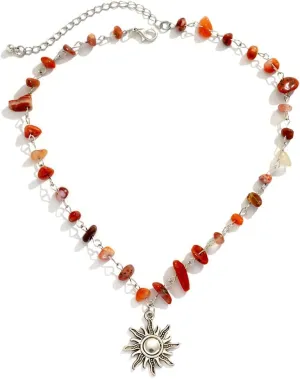 COLORFUL BLING Boho Sun Necklace for Women Irregular Natural Healing Stone Crystal Choker Necklace Y2k Sunflower Pendant New Year Jewelry Gifts