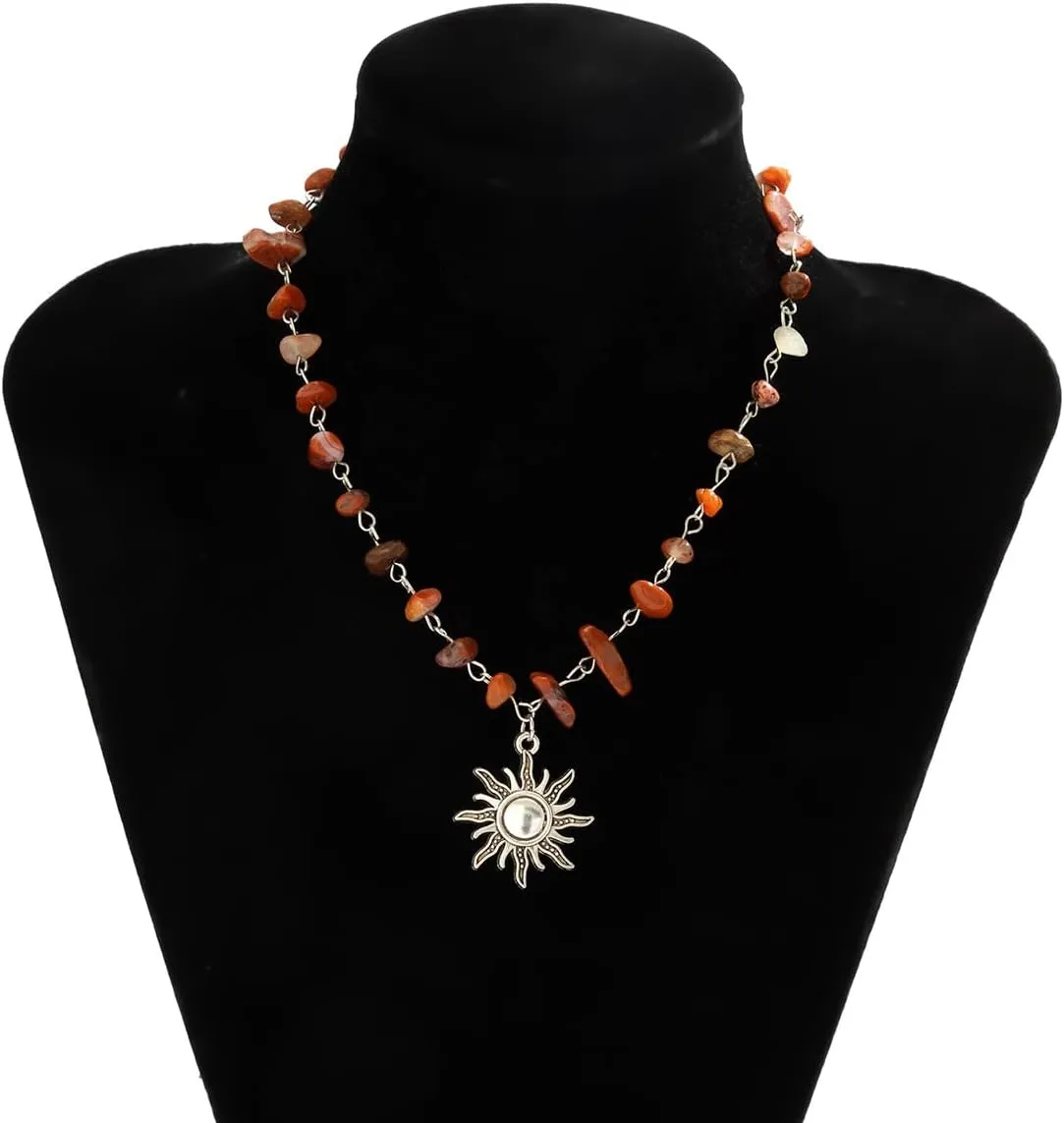 COLORFUL BLING Boho Sun Necklace for Women Irregular Natural Healing Stone Crystal Choker Necklace Y2k Sunflower Pendant New Year Jewelry Gifts