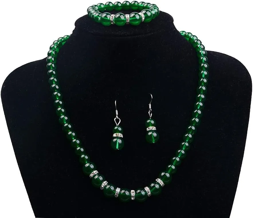 COLORFUL BLING Elegant Faux Pearl Imitation Crystal Necklace Earring and Bracelet Red Green Color Costume Jewelry Set for Women