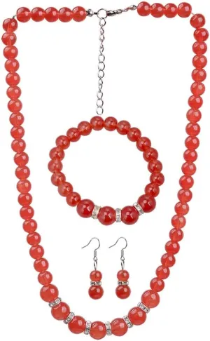 COLORFUL BLING Elegant Faux Pearl Imitation Crystal Necklace Earring and Bracelet Red Green Color Costume Jewelry Set for Women
