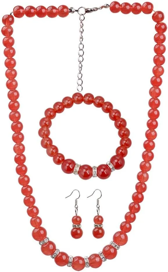 COLORFUL BLING Elegant Faux Pearl Imitation Crystal Necklace Earring and Bracelet Red Green Color Costume Jewelry Set for Women