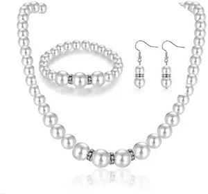 COLORFUL BLING Elegant Faux Pearl Imitation Crystal Necklace Earring and Bracelet Red Green Color Costume Jewelry Set for Women