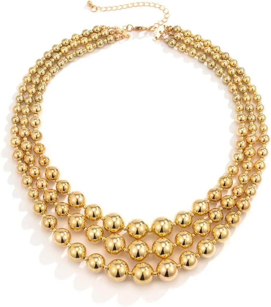 COLORFUL BLING Exaggerated Layered Beads Pendant Chunky Gold Chain Chunky Bib Statement Choker Stackable Strand Necklace for Women Hip Hop Jewelry