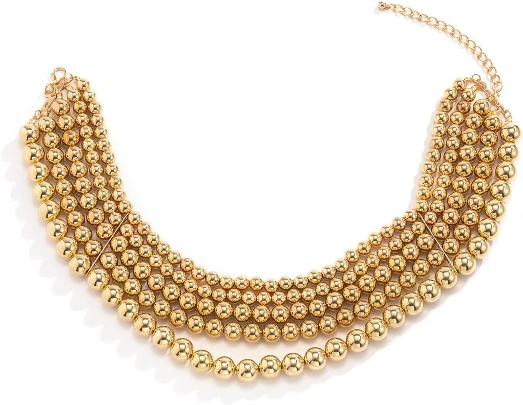 COLORFUL BLING Exaggerated Layered Beads Pendant Chunky Gold Chain Chunky Bib Statement Choker Stackable Strand Necklace for Women Hip Hop Jewelry