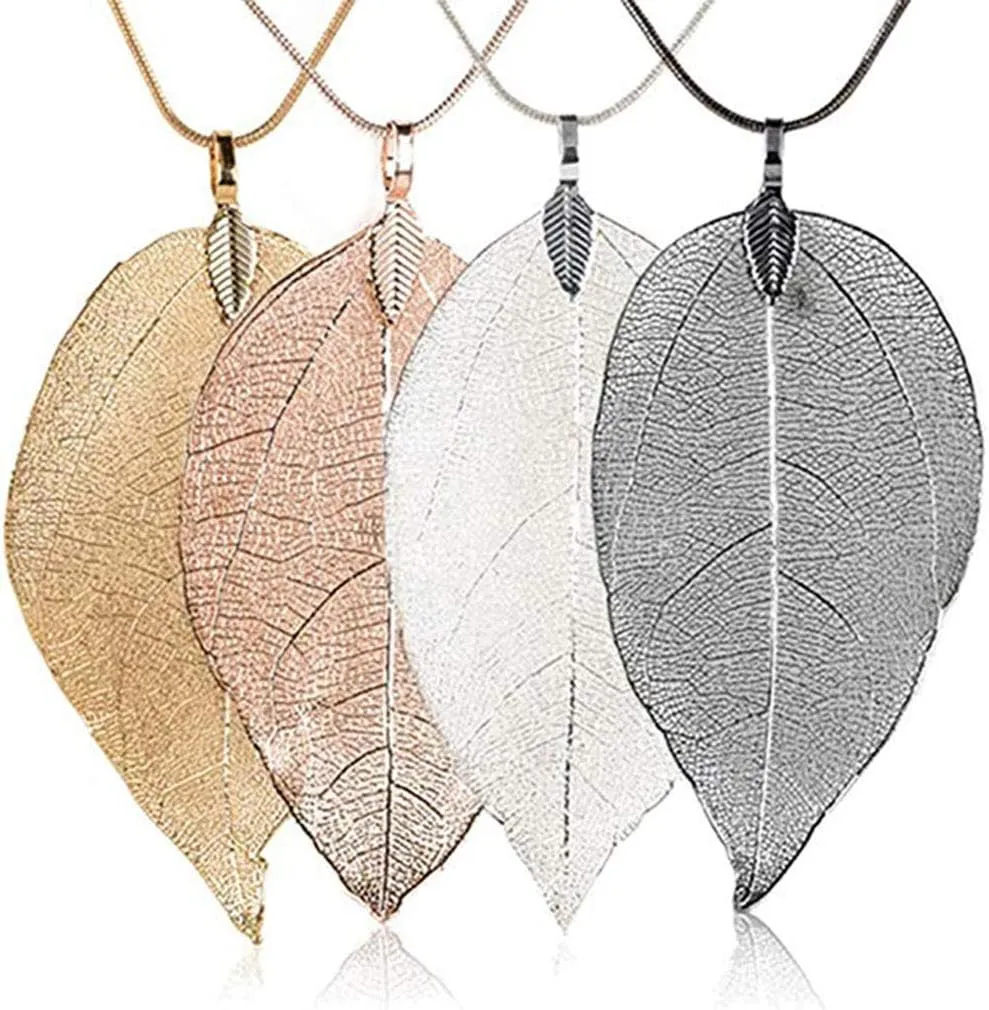 COLORFUL BLING Long Leaves Pendant Necklace Handmade Boho Leaf Sweater Chain (4 in 1)