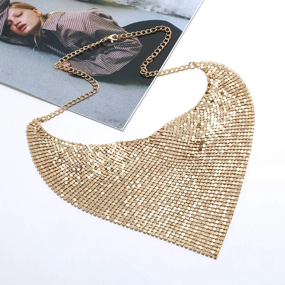 COLORFUL BLING Thick Metal Sequins Tassel Choker Necklace Chunky Fringe Pyramid Bib Stetement Necklace Sequins Collar for Women Costume Jewelry