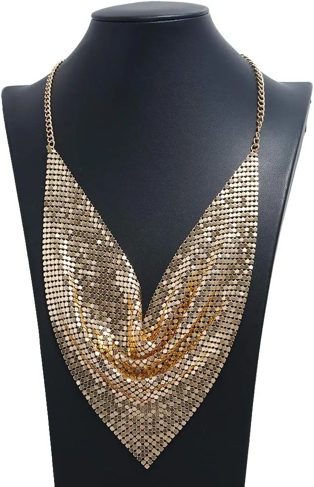 COLORFUL BLING Thick Metal Sequins Tassel Choker Necklace Chunky Fringe Pyramid Bib Stetement Necklace Sequins Collar for Women Costume Jewelry