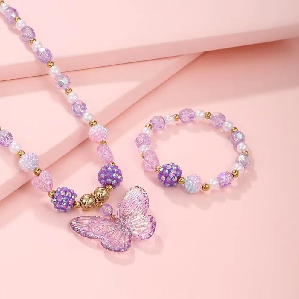 Colorful Crystal Beaded Butterfly Summer Beach Necklace Acrylic Butterfly Animal Necklace Bracelet Set for Women