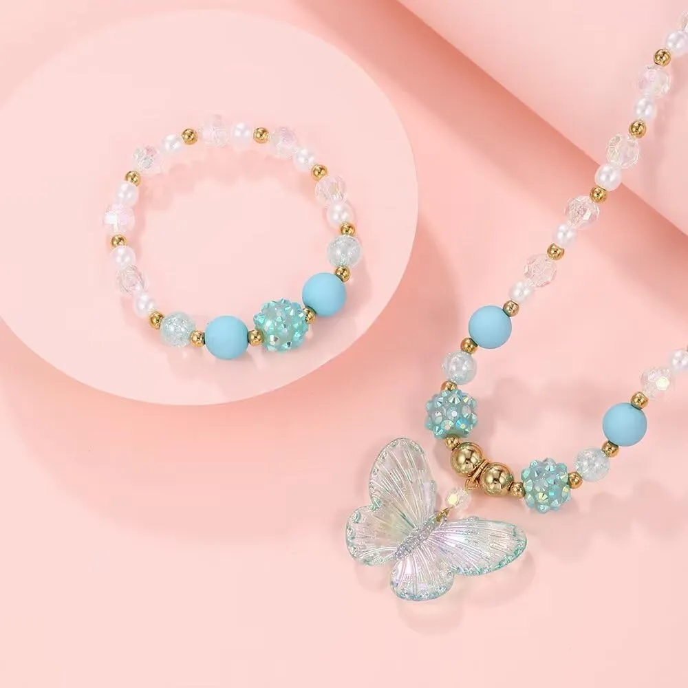 Colorful Crystal Beaded Butterfly Summer Beach Necklace Acrylic Butterfly Animal Necklace Bracelet Set for Women