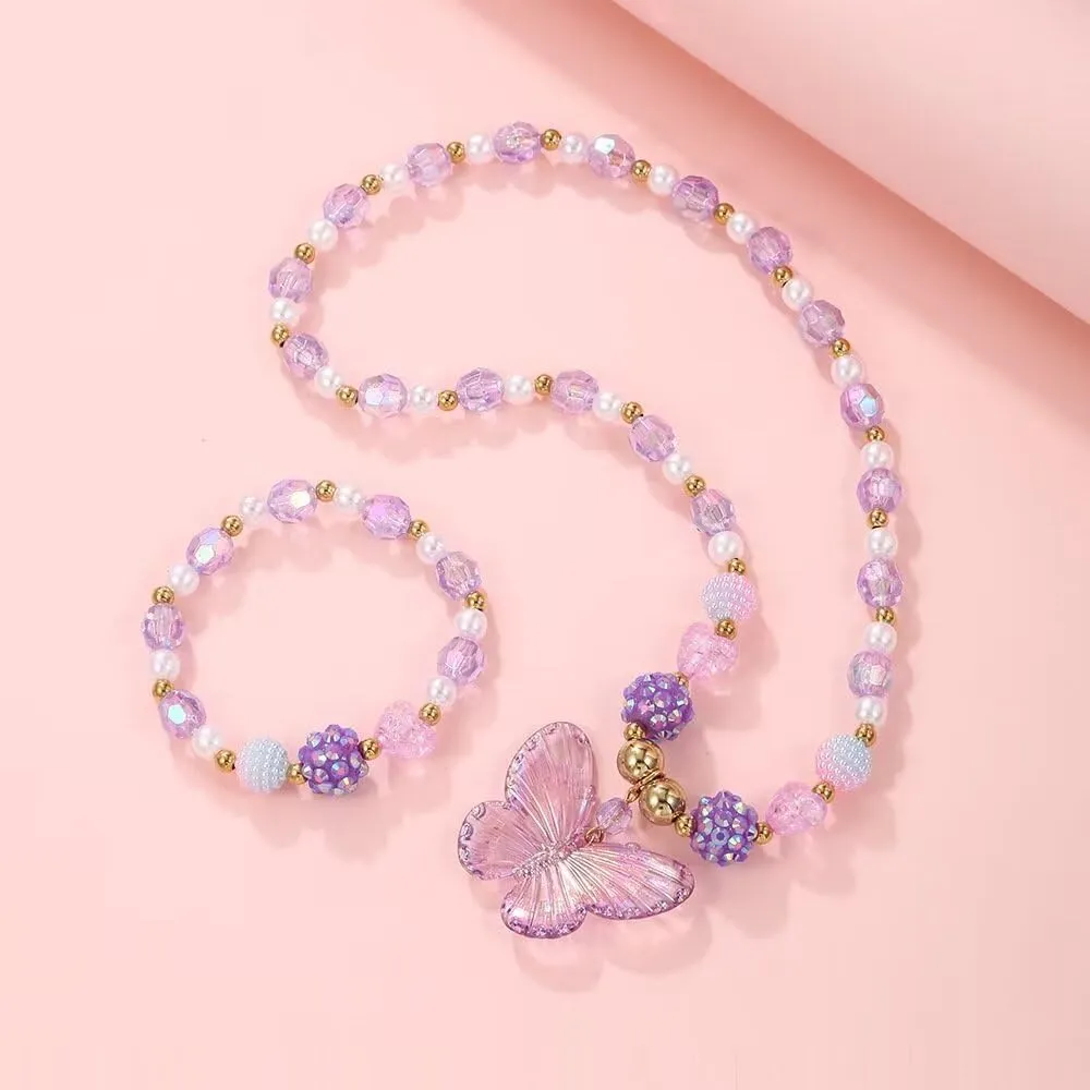 Colorful Crystal Beaded Butterfly Summer Beach Necklace Acrylic Butterfly Animal Necklace Bracelet Set for Women