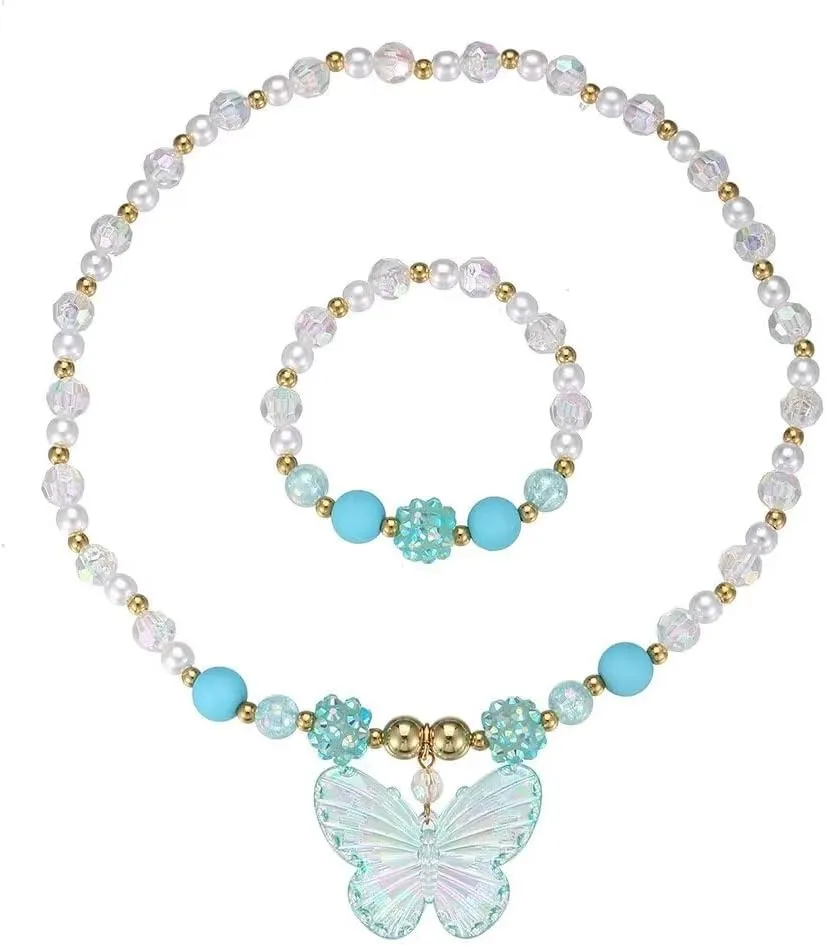 Colorful Crystal Beaded Butterfly Summer Beach Necklace Acrylic Butterfly Animal Necklace Bracelet Set for Women