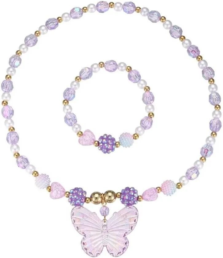 Colorful Crystal Beaded Butterfly Summer Beach Necklace Acrylic Butterfly Animal Necklace Bracelet Set for Women