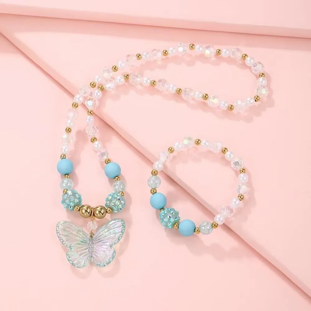 Colorful Crystal Beaded Butterfly Summer Beach Necklace Acrylic Butterfly Animal Necklace Bracelet Set for Women