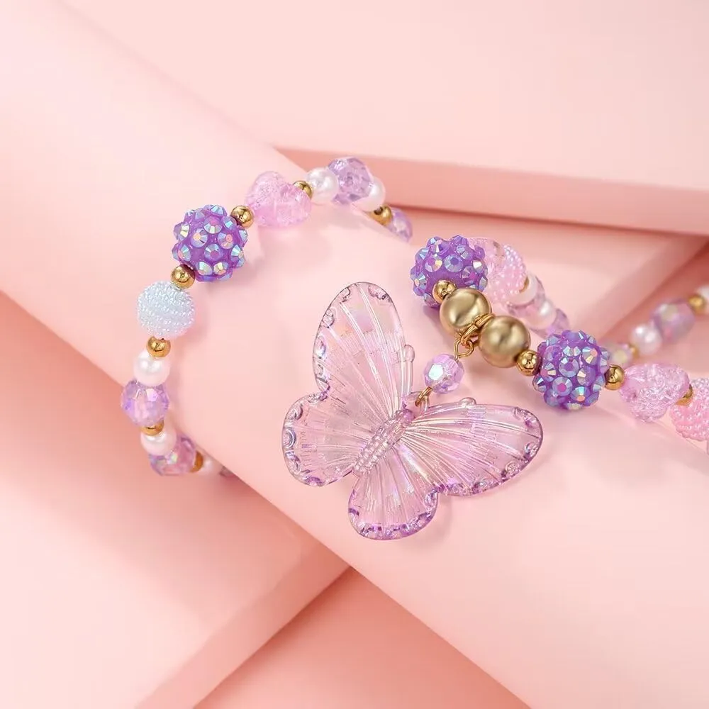 Colorful Crystal Beaded Butterfly Summer Beach Necklace Acrylic Butterfly Animal Necklace Bracelet Set for Women