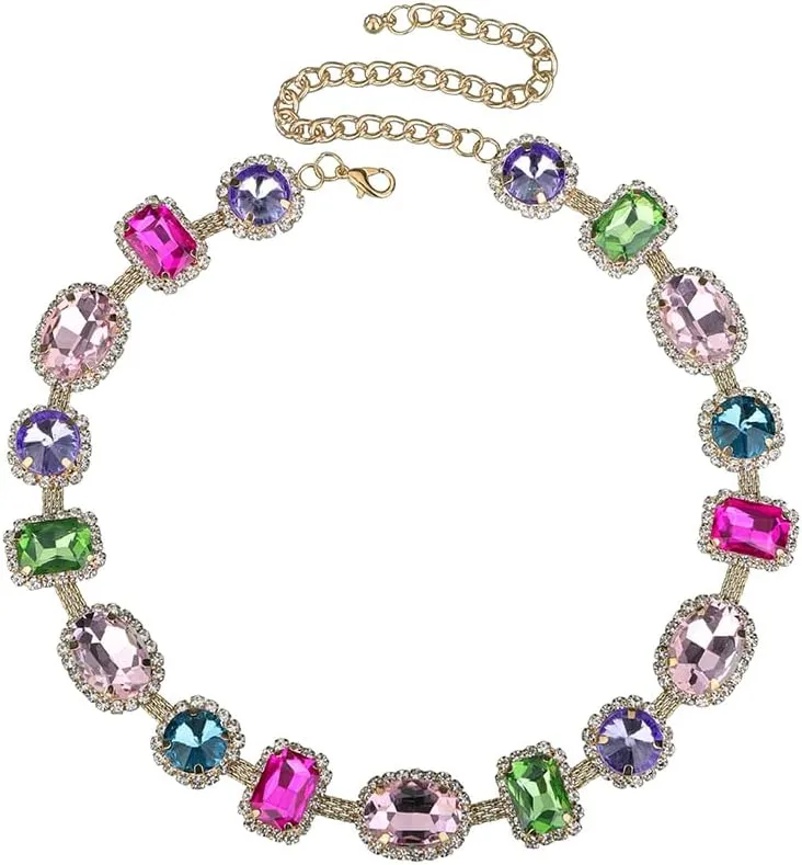 Colorful Crystal Beads Choker Chunky Necklace for Women Girls Sparkle Jewelry Prom Wedding Special Events