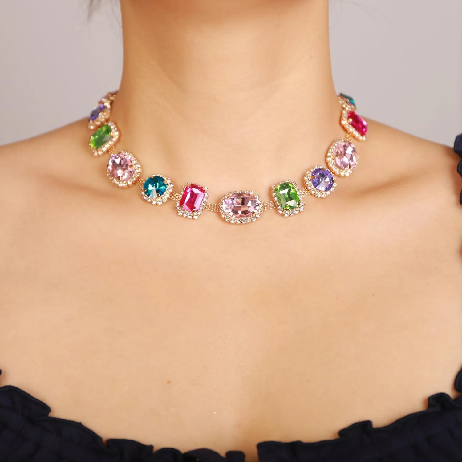 Colorful Crystal Beads Choker Chunky Necklace for Women Girls Sparkle Jewelry Prom Wedding Special Events