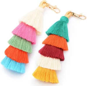 Colorful Keychains Boho Pom Pom Tassel Bag Decorations Charm Wristlet Bracelet Keyring for Women