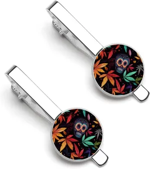 Colorful Skull Weed Plants Men's Tie Clip Tie Bar Round Tie Clasp Classic Tie Tack Pins Jewelry Accessories