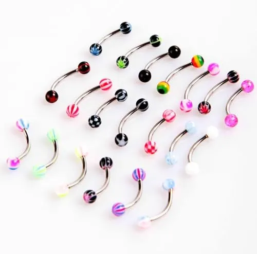 Colorful Stainless Steel Ball Barbell Curved Eyebrow Rings Bars Tragus Piercing, 20 Piece