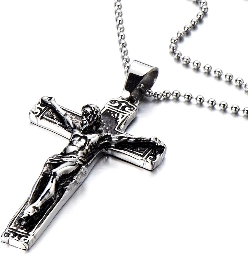 COOLSTEELANDBEYOND Stainless Steel Gothic Crucifix Cross Necklace Pendant Necklace with 30 Inches Steel Ball Chain