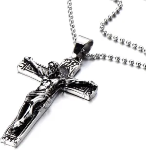 COOLSTEELANDBEYOND Stainless Steel Gothic Crucifix Cross Necklace Pendant Necklace with 30 Inches Steel Ball Chain
