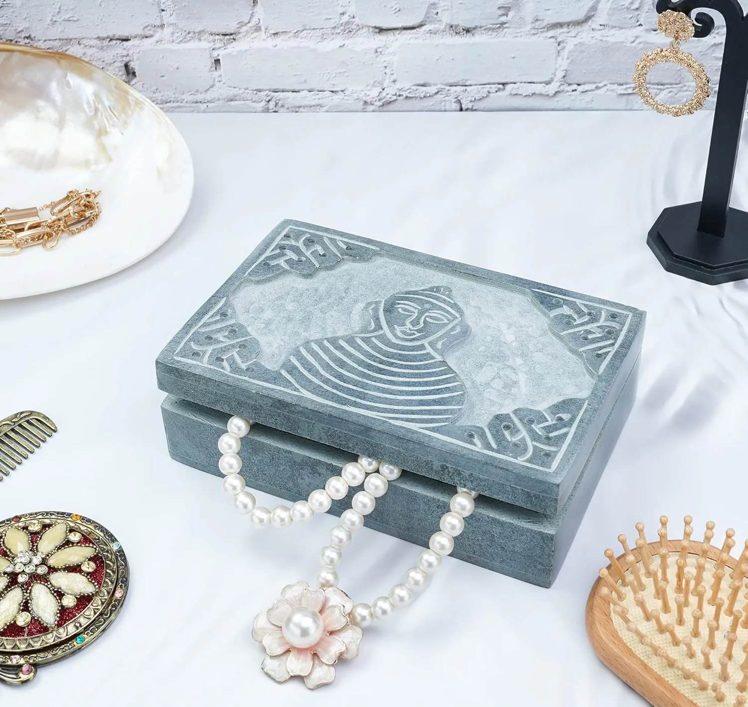 Crocon Handmade Jewelry Box  Royal Style Decorative Organizer for Jewelry & Makeup, Elegant Trinket Box, Table Decor, Gift for Mother & Precious Keepsakes, Buddha Design - 6x4x1.7 Inch
