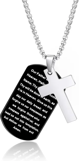 Cross Dog Tag Necklace for Men, Inspirational Bible Verse Dog Tag Pendant Stainless Steel Chain Cross Necklace for Men Christian Jewelry Meaningful Religious Gifts for Him