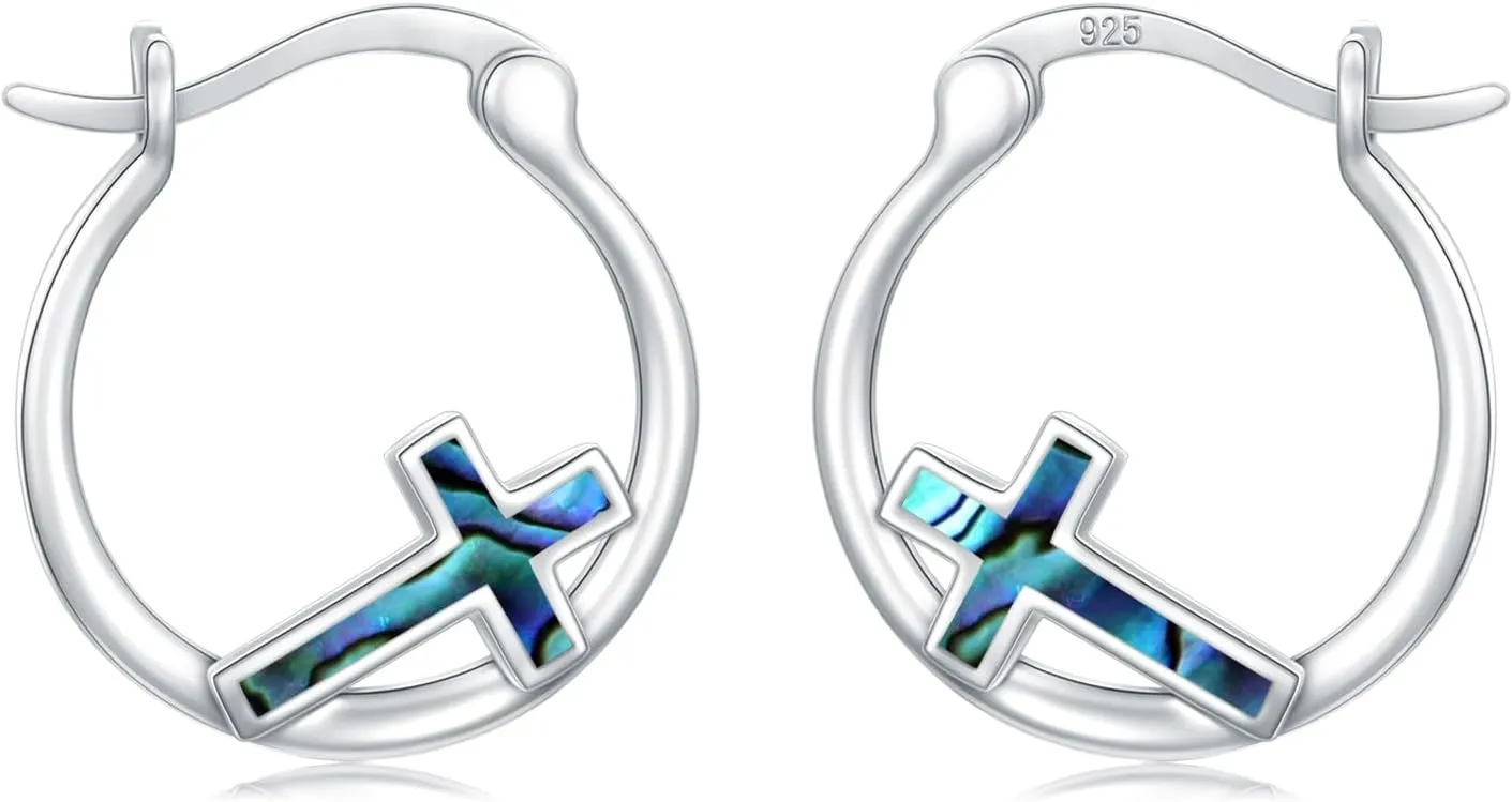 Cross Hoop Earrings for Women 925 Sterling Silver Cross Earrings with Abalone Shell Jewelry Gifts for Women Girls