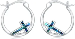 Cross Hoop Earrings for Women 925 Sterling Silver Cross Earrings with Abalone Shell Jewelry Gifts for Women Girls