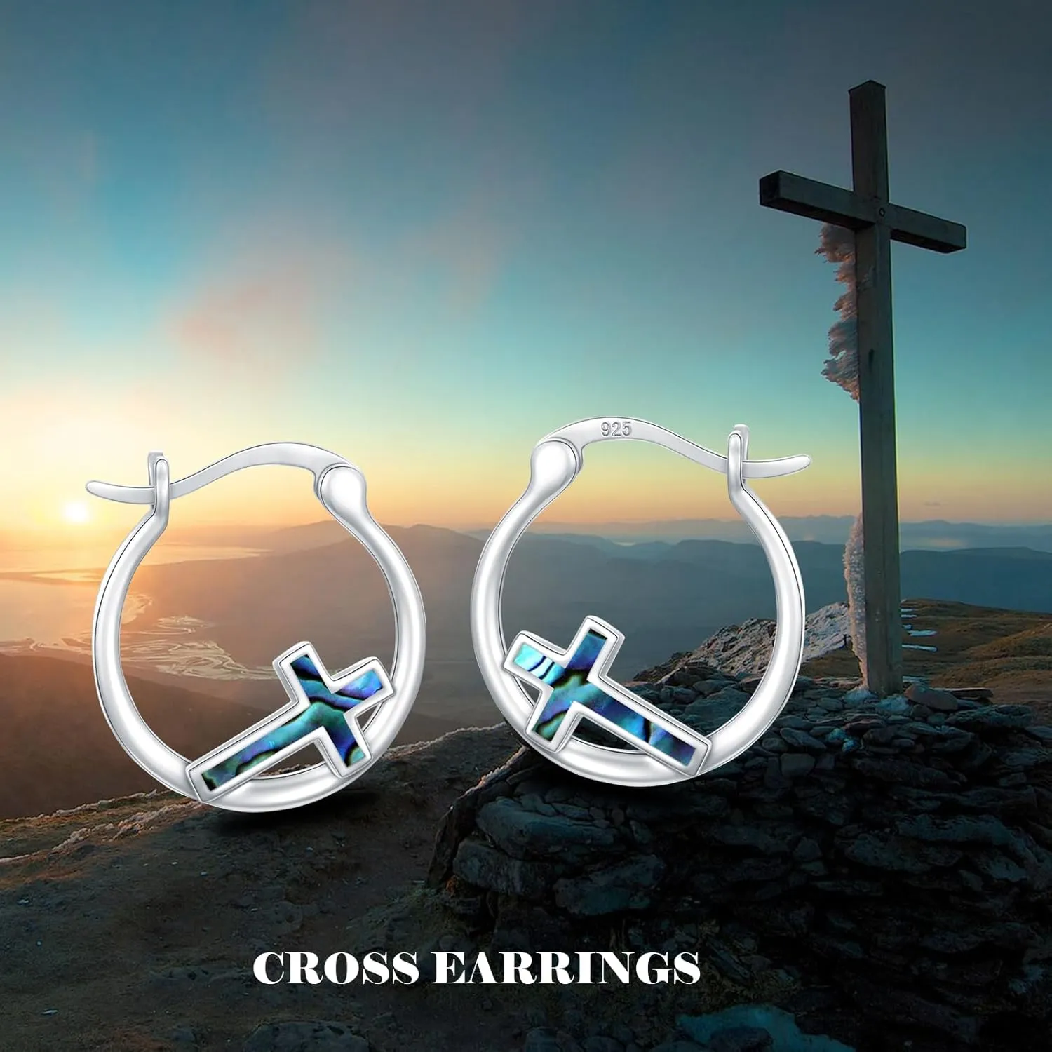 Cross Hoop Earrings for Women 925 Sterling Silver Cross Earrings with Abalone Shell Jewelry Gifts for Women Girls