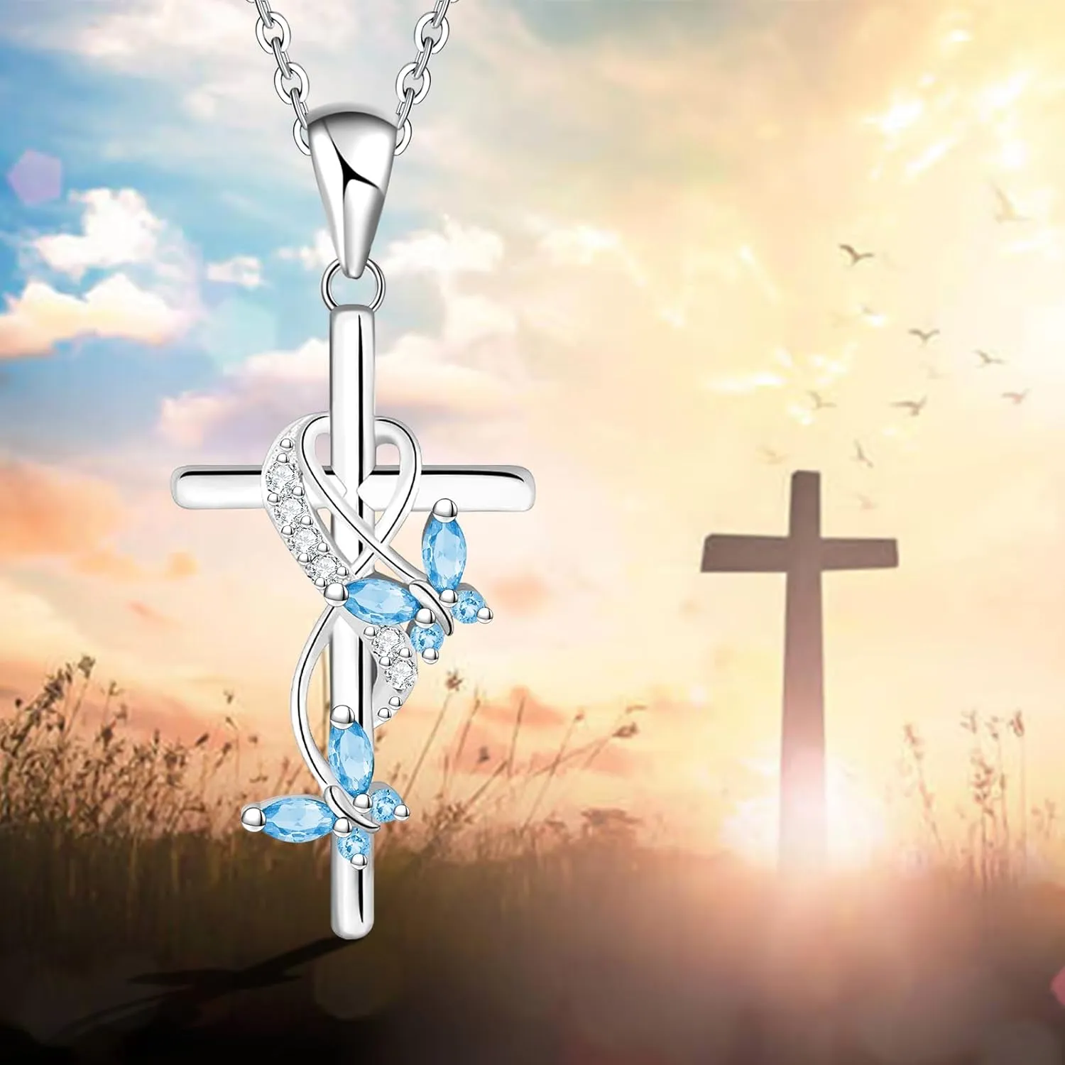 Cross Necklace Butterfly Pendant Birthstone Jewelry Gifts Necklace for Women Faith Jewelry for Women Butterfly Jewelry Religious Cross Gifts for Mother Wife