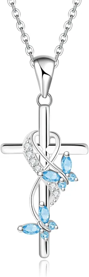 Cross Necklace Butterfly Pendant Birthstone Jewelry Gifts Necklace for Women Faith Jewelry for Women Butterfly Jewelry Religious Cross Gifts for Mother Wife