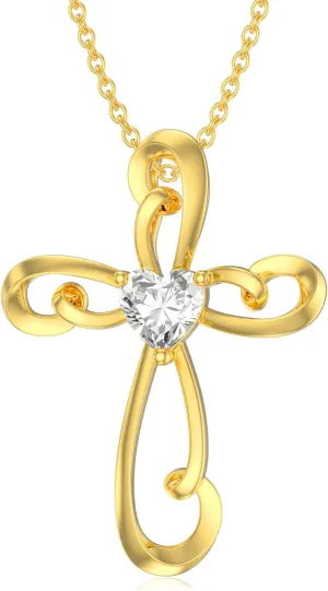 Cross Necklace for Women 14k Solid Gold Twisted Crucifix Cross Pendant with Heart Shape Zirconia Fine Jewelry Faith Confirmation Gift for Her, Wife, Mom