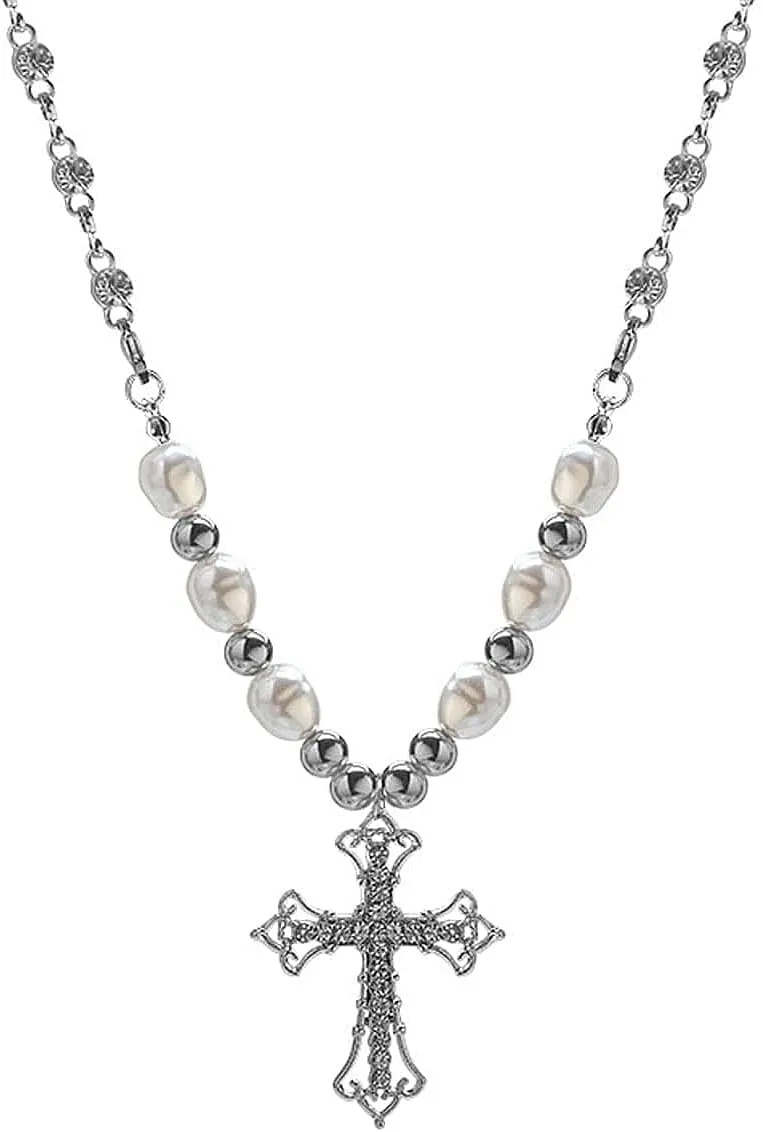 Cross Necklace Y2k Jewelry Gothic Pearl Cross Vintage Necklace for Women Girls
