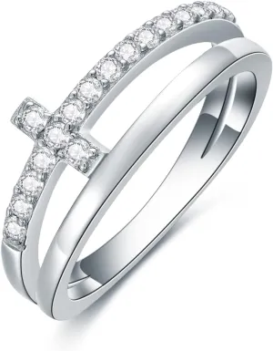 Cross Rings for Women 925 Sterling Silver Cubic Zirconia Ring Eternity Promise Ring for Her Ladies Women Engagement Wedding Size 4-16