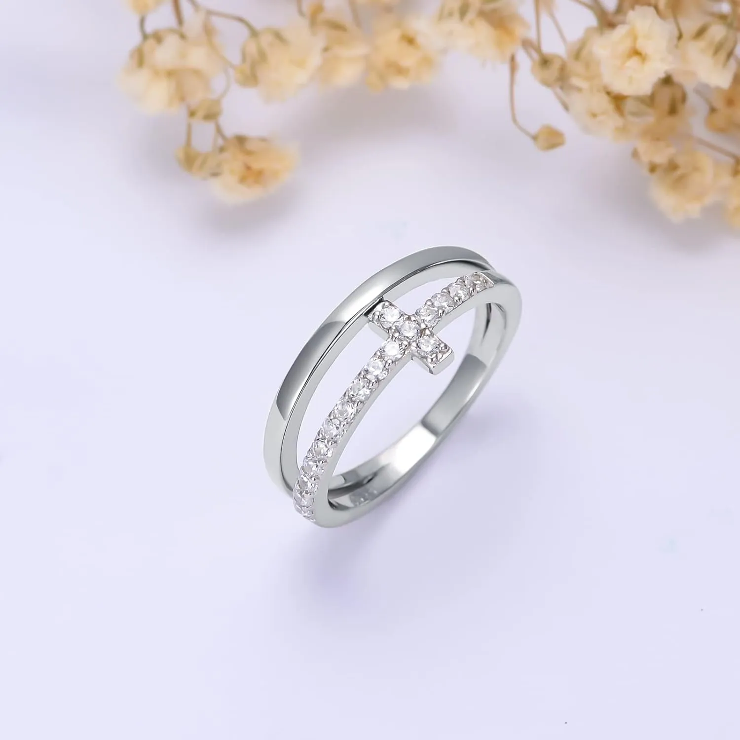 Cross Rings for Women 925 Sterling Silver Cubic Zirconia Ring Eternity Promise Ring for Her Ladies Women Engagement Wedding Size 4-16