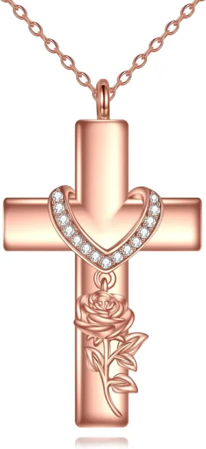 Cross Rose Flower Necklace for Women 925 Sterling Silver Rose Faith Pendant Flower Religious Jewelry Gift