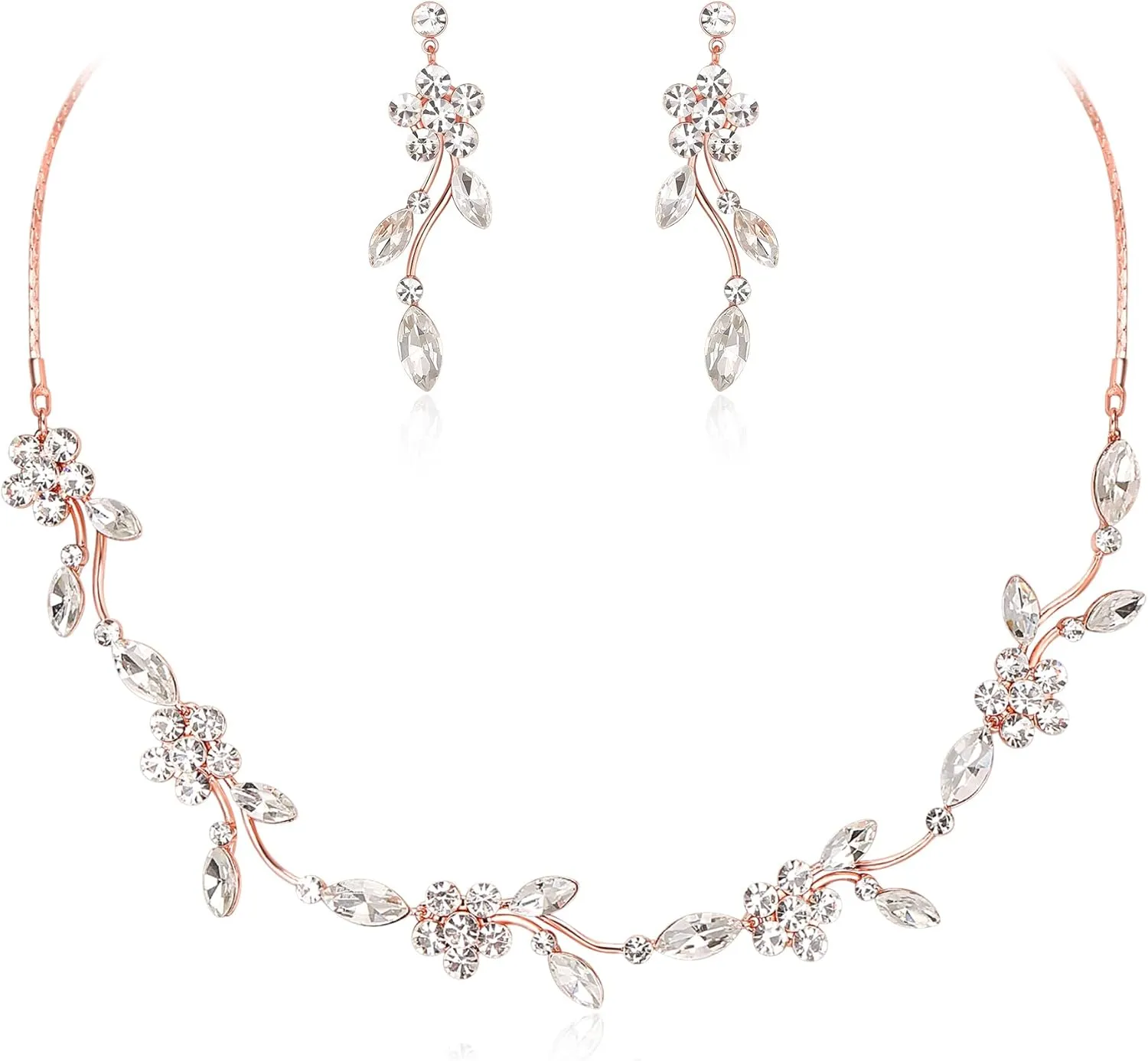 Crysdue Flower Bride Jewelry Set for Women Bridesmaid, Elegant Czech Diamond Floral Leaf Statement Necklace Dangle Earrings, Wedding Prom Party Jewellery