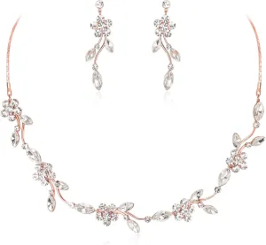 Crysdue Flower Bride Jewelry Set for Women Bridesmaid, Elegant Czech Diamond Floral Leaf Statement Necklace Dangle Earrings, Wedding Prom Party Jewellery