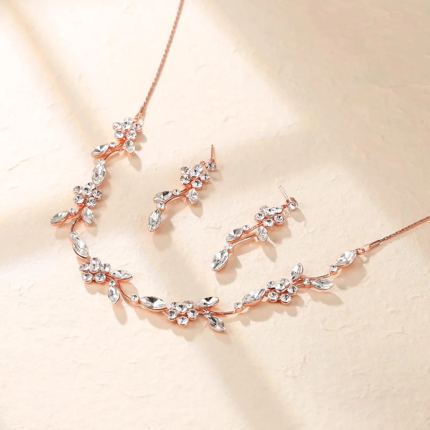 Crysdue Flower Bride Jewelry Set for Women Bridesmaid, Elegant Czech Diamond Floral Leaf Statement Necklace Dangle Earrings, Wedding Prom Party Jewellery