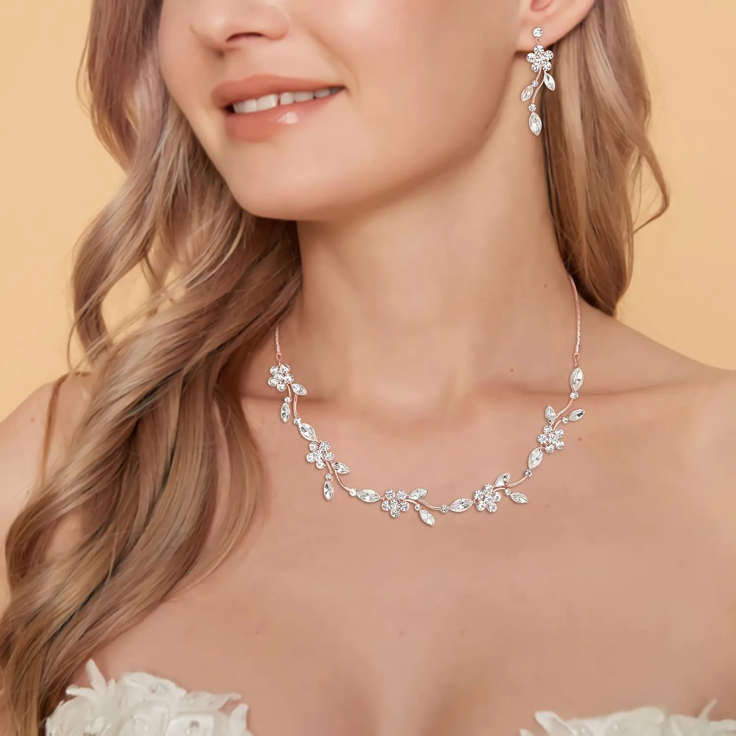 Crysdue Flower Bride Jewelry Set for Women Bridesmaid, Elegant Czech Diamond Floral Leaf Statement Necklace Dangle Earrings, Wedding Prom Party Jewellery