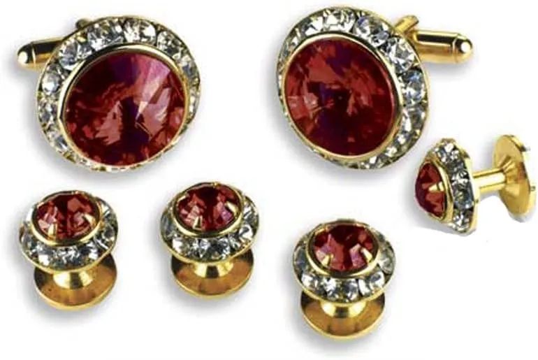 Crystal Cufflinks and Studs with Ruby Center